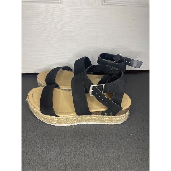 Size 6 Soda Black Platform Espadrille Sandals Women’s Wedge Buckle Strap - Picture 1 of 7